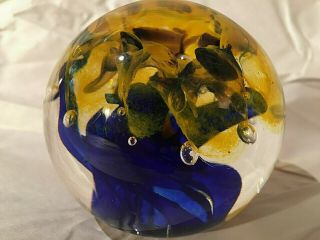 Chuck Boux Signed Studio Art Glass Paperweight Yellow and Blue Swirls 5