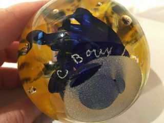 Chuck Boux Signed Studio Art Glass Paperweight Yellow and Blue Swirls 6