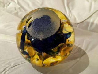 Chuck Boux Signed Studio Art Glass Paperweight Yellow and Blue Swirls 8