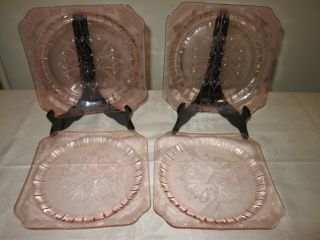 Set Of 4 Pink Jeannette Adam 9 " Square Depression Glass Dinner Plates