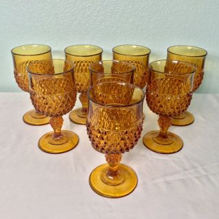 Vintage Diamond Point Pattern Indiana Glass Goblet Amber Set Of 8