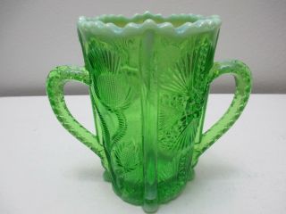 Vintage Lg Wright Glass Spooner Chalice Vase 2 Handles Green Opalescent 5 1/2 " T