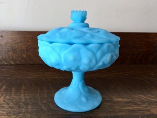 Vintage Fenton Glass Satin Pedestal Compote,  Candy Dish Scalloped Edge Turquoise