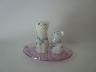 Vintage Opalescent Floral Artist Signed,  & Hand - Painted Fenton Glass Cats