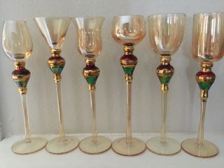 Six Piece Set Of 8” Iridescent And Hand Painted Aperitif Glasses