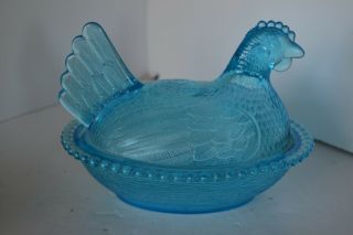 Vintage Indian Glass Horizon Blue Hen On A Nest Chicken In A Basket Box1