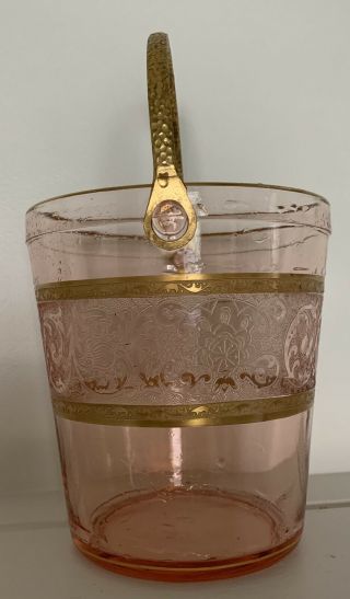 Cambridge Pink Depression Etch Glass Ice Bucket Gold Hammered Handle W/gold Trim