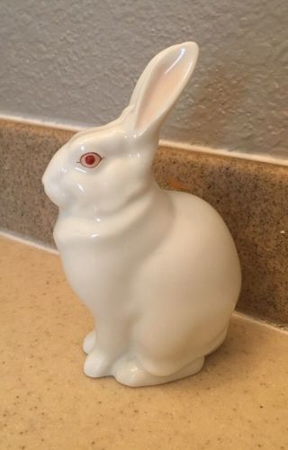 Herend Hungary Rabbit White Bunny 5 1/4 " Figurine Red Eyes Ears Up Scarce No Res