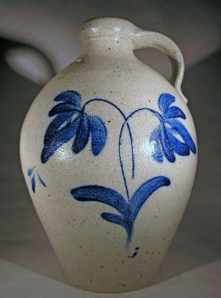 Rowe Pottery Large Stoneware Jug 1985 Salt Glazed Cobalt Double Flower