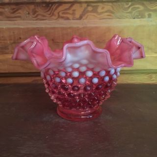 Vintage Fenton Cranberry Opalescent Glass Hobnail Bowl Ruffled Edge
