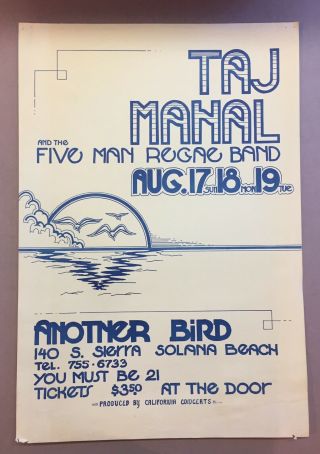 Taj Mahal 5 Man Regae Band Orginal 1970s Concert Poster Showbill San Diego