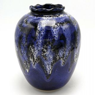 Studio Art Pottery Vase Jar Drip Glaze Blue White Carved Rim 8 " Ceramic Signed