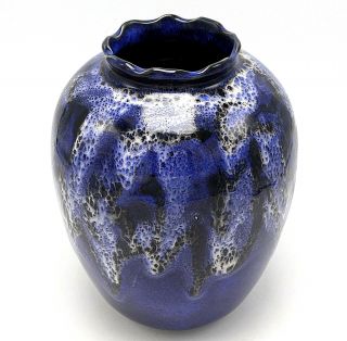 Studio Art Pottery Vase Jar Drip Glaze Blue White Carved Rim 8 