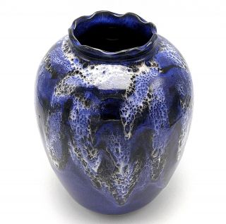 Studio Art Pottery Vase Jar Drip Glaze Blue White Carved Rim 8 