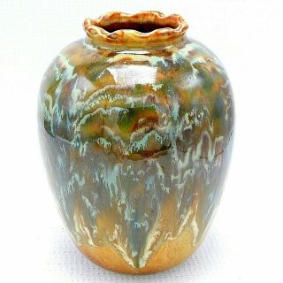 Drip Glaze Studio Pottery Vase Jar Brown Green Carved Opening 8 " Ceramic Signed