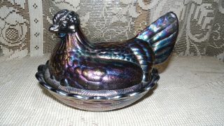 Fenton Large Amethyst Carnival Glass Blue Purple Hen On A Nest Basket Container