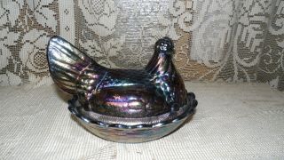 FENTON LARGE AMETHYST CARNIVAL GLASS BLUE PURPLE HEN ON A NEST BASKET CONTAINER 2