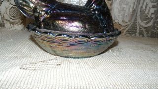 FENTON LARGE AMETHYST CARNIVAL GLASS BLUE PURPLE HEN ON A NEST BASKET CONTAINER 3