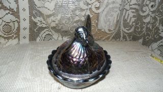 FENTON LARGE AMETHYST CARNIVAL GLASS BLUE PURPLE HEN ON A NEST BASKET CONTAINER 8