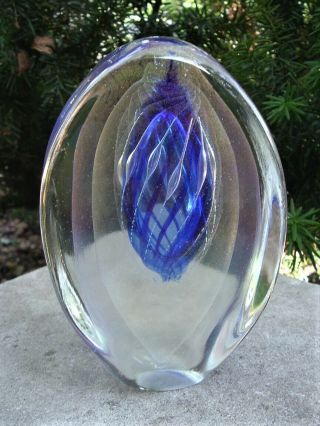 Stunning Vintage Signed 6 " Art Glass Paperweight Cobalt Swirl Eickholt