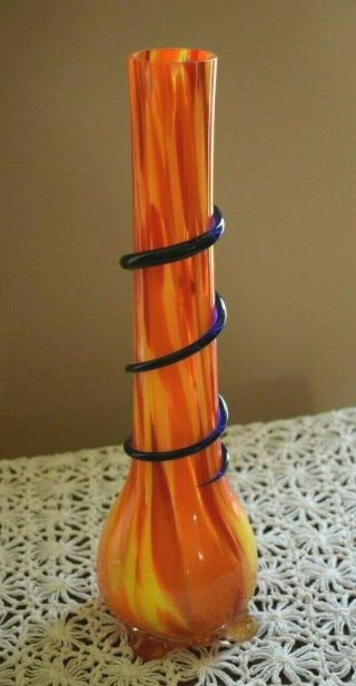 Vintage Murano Glass Vase Tall Orange Yellow Blue Spiral
