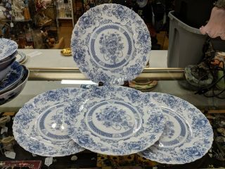 5 Arcopal Honorine Dinner Plate Opaque Milk Glass Blue Victorian France 10 3/4 "