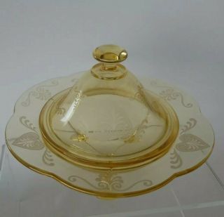 Vintage Yellow Depression Glass Candy Dish,  Etched Hearts,  Footed W/lid Scaloppe