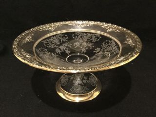 Large Abp Cut Etched Cambridge Glass Compote Bowl Wallace Sterling Edge Rim