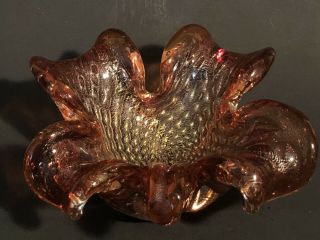 Vintage Murano Art Glass Bowl Pink Red Orange Gold Controlled Bubbles Gorgeous