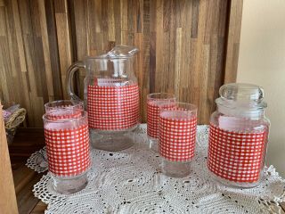 Vintage 50’s Glass Pitcher And 4 Glasses Red Plaid Checkered Picnic Tea Unique