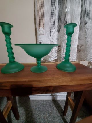 Tiffin Glass Emerald Green Uranium Vaseline 3 Piece Set Candle Holders And Bowl