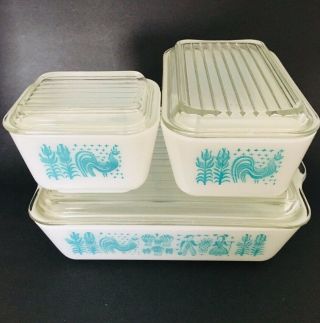Vintage Pyrex Turquoise Butterprint Amish Covered Refrigerator Dish 6 Piece Set