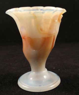 Vtg Akro Agate Orange White Swirl Slag Glass Hand Toothpick Holder Urn 3.  25”