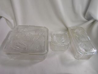 3 Piece Vintage Ribbed Glass Refrigerator Dish Set With Vegetable Design 3 Sizes