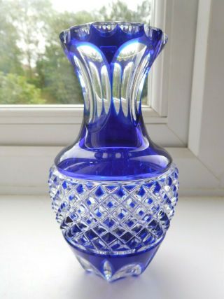 Bohemian Stunning Cobalt Blue To Clear Glass Vase Cut Lens & Blue Tip Hobnails