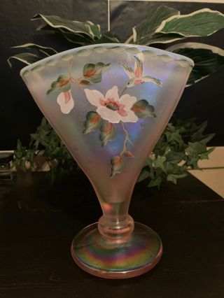 Large Fenton Pink Opalescent Fan Vase Hand Painted/signed Bill Fenton 543