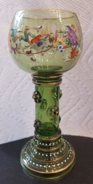 Moser Art Glass Green With Gold Accents Enamel Goblet - Ask About More