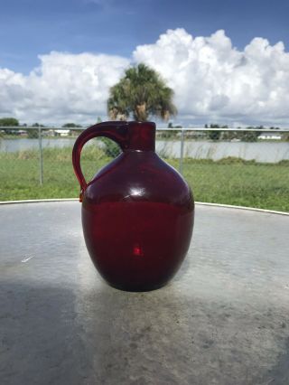 Vintage Blown Art Glass Ruby Red Blenko 7.  5 " Camphor Jug W/ Handle Pitcher Htf