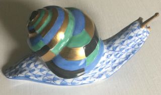 Authentic Herend Porcelain Blue Fishnet Snail Figurine