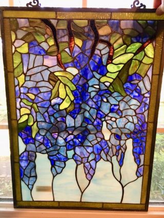 Stained Glass Art Panel Window Hanging Abstract Tuscan Grape Vines Flowers Blue