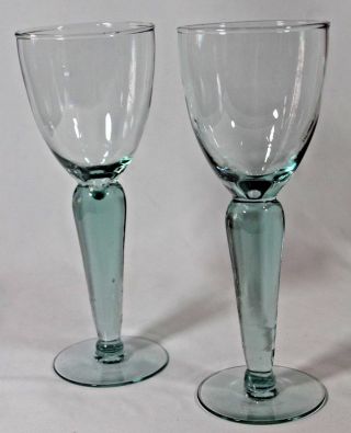 Studio Hand Blown Pair 9 " Tall White Wine Glasses Goblets Light Blue Green