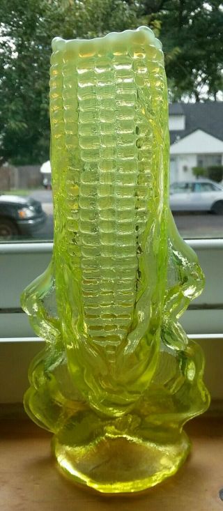 Vintage 1950s Modern Lg Wright Yellow Opalescent Vaseline Glass Corn Cob Vase
