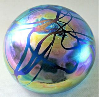 Signed Levay Iridescent Studio Art Glass Paperweight Orb Peacock Feather Colors