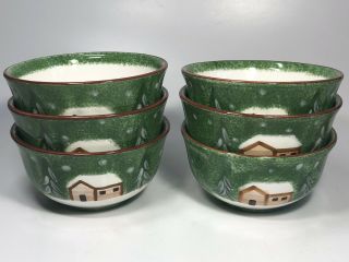 The Cellar " Log Cabin " Christmas Set Of 6 Soup / Cereal Bowls 5 3/4 "