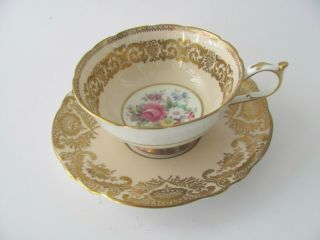 Wide Paragon England Tea Cup & Saucer Peach With Gold Pink Roses Double Warrant