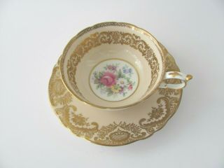 Wide Paragon England Tea Cup & Saucer Peach with Gold Pink roses Double Warrant 2