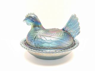 Light Blue Carnival Glass Indiana Hen On Nest Glass Candy Dish 7 "