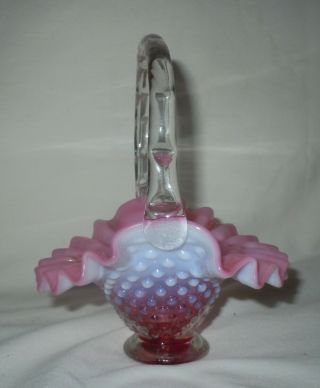 Vintage Fenton Cranberry Hobnail Opalescent Crimped Art Glass 6 " Basket