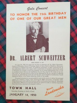 1950 Gala Concert Dr Albert Schweitzer Honor Town Hall Box F Flyer Landowska