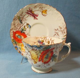 Vintage Aynsley Handpainted Poppy Tea Cup And Saucer Bone China England